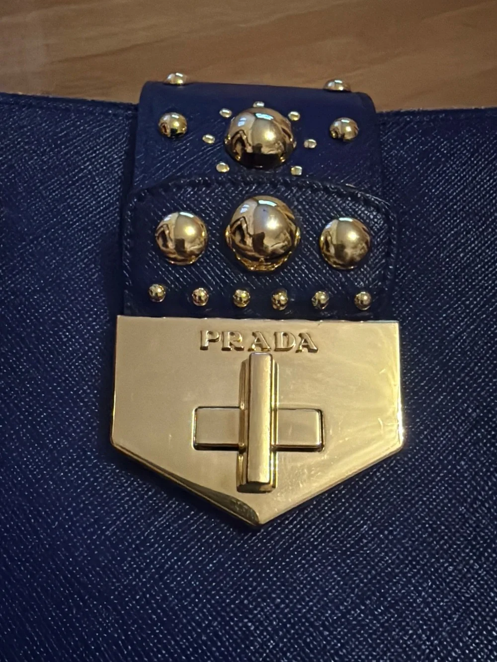 Prada Blue Saffiano Leather Studded Tote Crossbody Bag